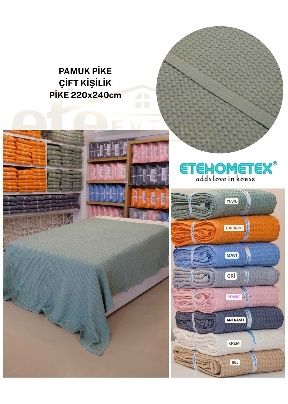ETEHOMETEX HAVUZLU PİKE ÇİFT KİŞİLİK 220X240CM YEŞİL 8696474231847